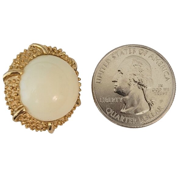 Trifari Crown Over T Gold Tone Round Cream Domed Button Clip On Earrings, Signed - Picture 7 of 9